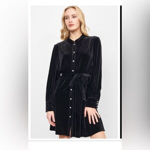 Zara Black Velvet Dress with buttons and tie waist removal belt, Size Large